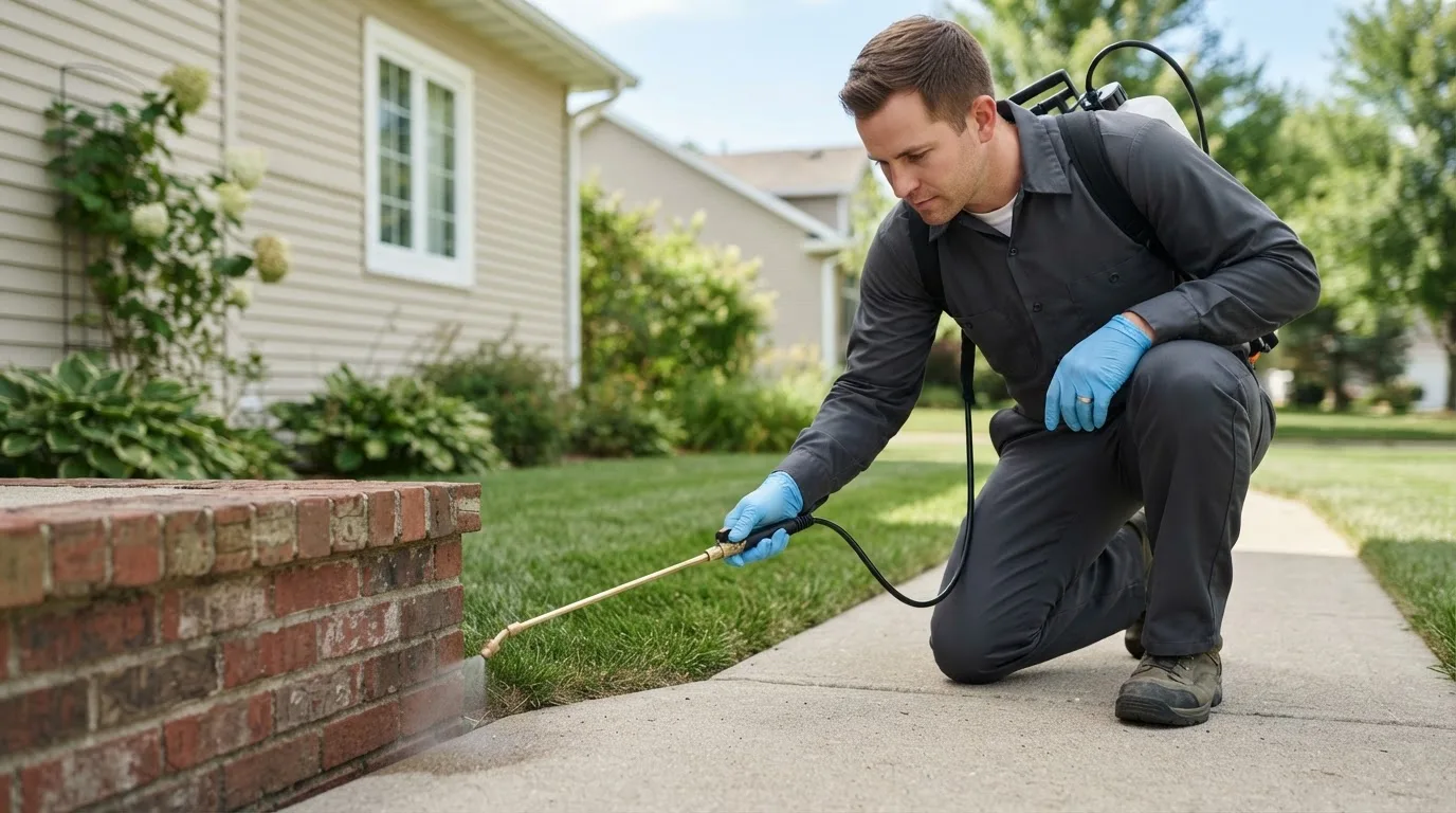 Pest control technician treating a home near Redfield, KS